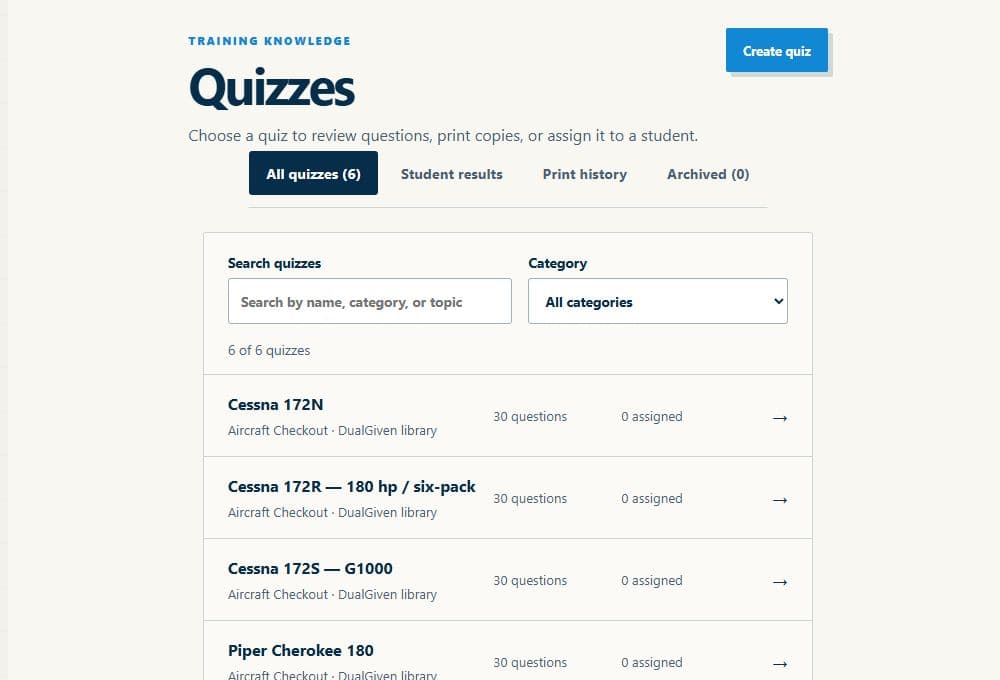 DualGiven quiz library showing aircraft checkout quizzes, search, categories, student results, and print history