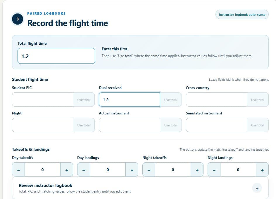 Actual DualGiven training screen showing total flight time, dual received, landings, and linked instructor logbook review